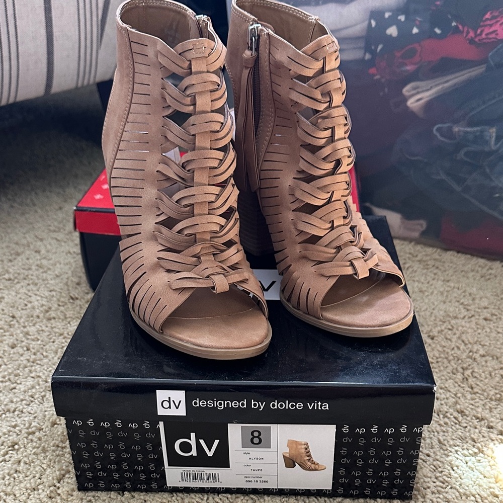 Dolce Vita Tan Lace-Up Open-Toe Heeled Booties